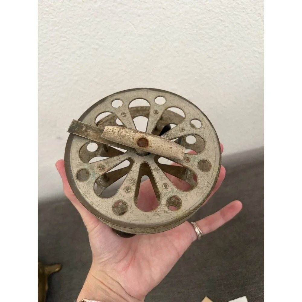 Large Antique Fishing Reel Fly Reel Wood Handles Primitive Ephemera, Pins